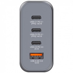 Verbatim, Ładowarka GaN USB 3.0, USB C, szara, 140 W, wymienne końcówki  C,G,A