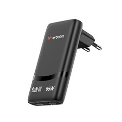 Verbatim Fold ,n, Go, Ładowarka sieciowa GaN 2 USB-C PD 3.0, czarna, 65W, wtyczka EU