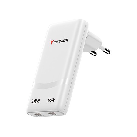 Verbatim Fold ,n, Go, Ładowarka sieciowa GaN 2 USB-C PD 3.0, biała, 65W, wtyczka EU