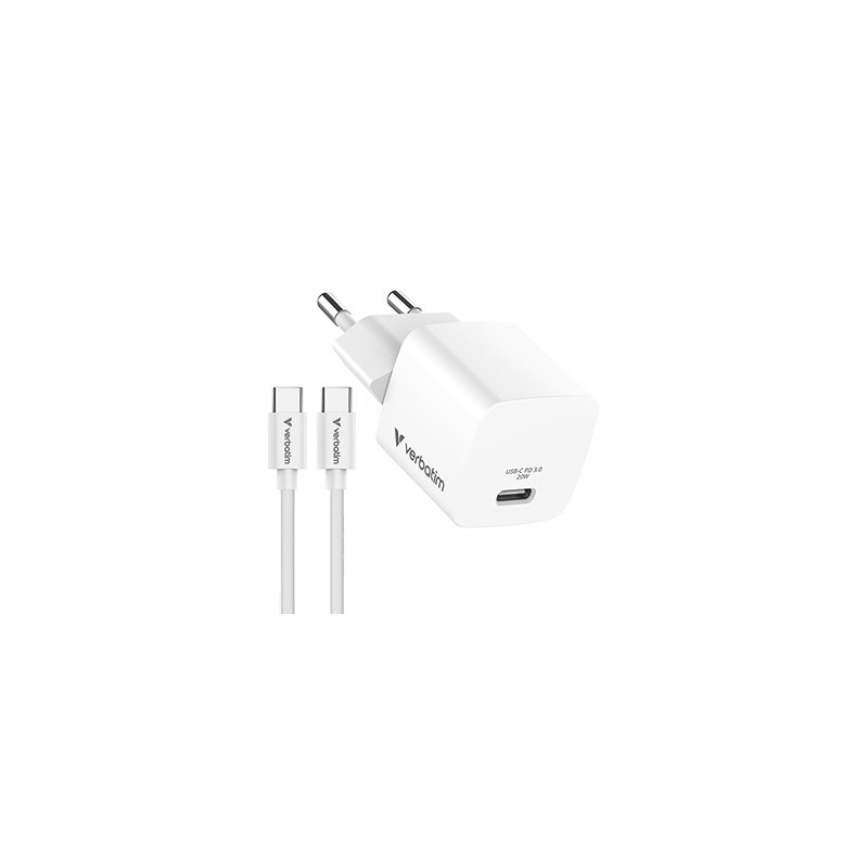 Verbatim, Ładowarka Mini GaN z kablem 1 x USB-C, biała, 20 W, Power Delivery 3.0