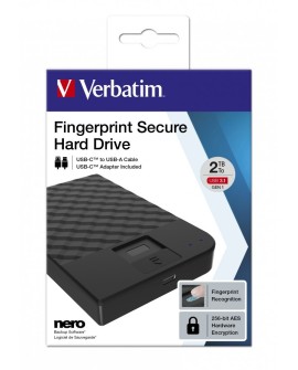 Verbatim Fingerprint Secure zewnętrzny dysk twarde 2 TB USB Type-C 3.2 Gen 1 (3.1 Gen 1) Czarny