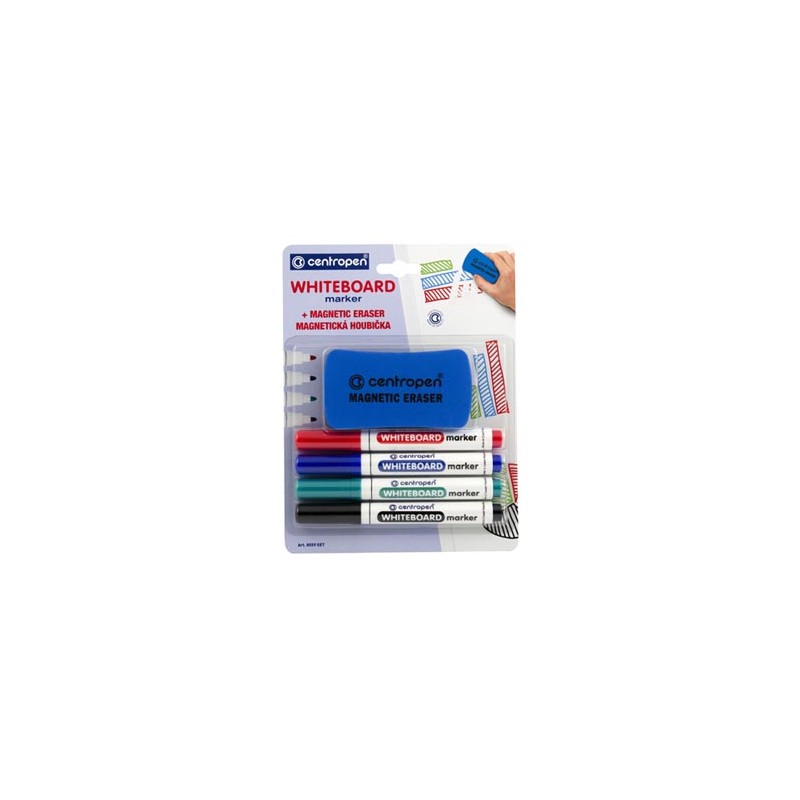 Centropen, zestaw markerów do tablic whiteboard 8559, color, 4szt, 2.5mm, zestaw markery na bazie alko + gąbka magnetyczna