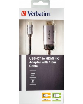 Verbatim 49144 adapter kablowy 1,5 m USB Type-C HDMI Czarny, Srebrny