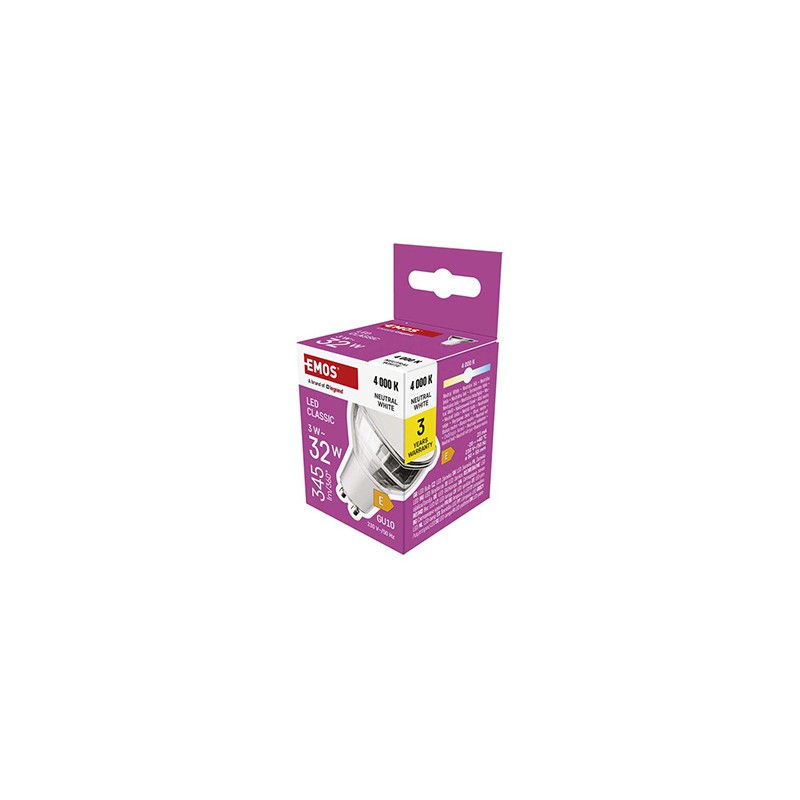 LED żarówka EMOS Lighting GU10, 230V, 3W, 345lm, 4000k, neutralna biel, 30000h, Classic MR16 50X50X55mm