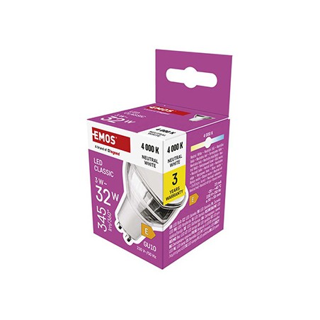 LED żarówka EMOS Lighting GU10, 230V, 3W, 345lm, 4000k, neutralna biel, 30000h, Classic MR16 50X50X55mm
