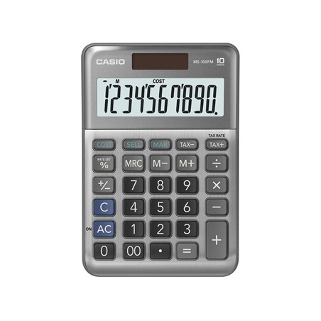 Casio Kalkulator MS 100 FM, srebrna, stołowy, funkcja konwersji walut, %, VAT