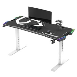 ULTRADESK Biurko dla gracza FORCE SNOW - białe, 166x70 cm, 66-86 cm, 5 poziomów wysokości, z podkładką pod mysz XXL, podświetlen