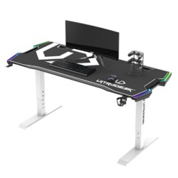 ULTRADESK Biurko dla gracza FORCE SNOW - białe, 166x70 cm, 66-86 cm, 5 poziomów wysokości, z podkładką pod mysz XXL, podświetlen
