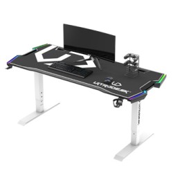 ULTRADESK Biurko dla gracza FORCE SNOW - białe, 166x70 cm, 66-86 cm, 5 poziomów wysokości, z podkładką pod mysz XXL, podświetlen