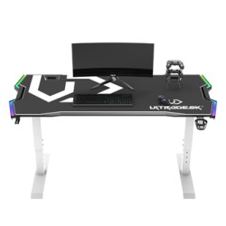 ULTRADESK Biurko dla gracza FORCE SNOW - białe, 166x70 cm, 66-86 cm, 5 poziomów wysokości, z podkładką pod mysz XXL, podświetlen