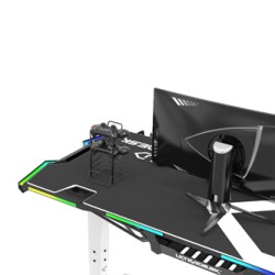 ULTRADESK Biurko dla gracza FORCE SNOW - białe, 166x70 cm, 66-86 cm, 5 poziomów wysokości, z podkładką pod mysz XXL, podświetlen