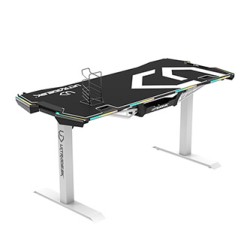 ULTRADESK Biurko dla gracza FORCE SNOW - białe, 166x70 cm, 66-86 cm, 5 poziomów wysokości, z podkładką pod mysz XXL, podświetlen