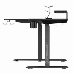 ULTRADESK Biurko dla gracza WINGER - czarny, 111x155x60 cm, 75-122 cm, elektycznie regulowany, podświetlenie RGB, uchwyt na słuc