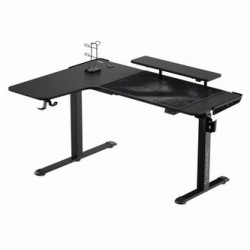 ULTRADESK Biurko dla gracza WINGER - czarny, 111x155x60 cm, 75-122 cm, elektycznie regulowany, podświetlenie RGB, uchwyt na słuc