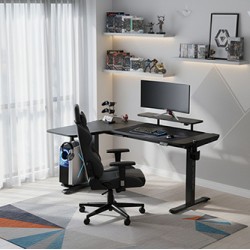 ULTRADESK Biurko dla gracza WINGER - czarny, 111x155x60 cm, 75-122 cm, elektycznie regulowany, podświetlenie RGB, uchwyt na słuc