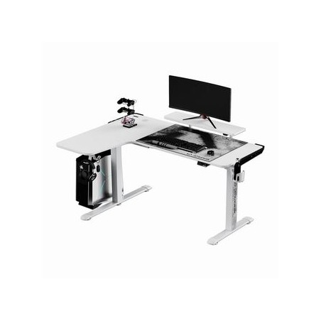 ULTRADESK Biurko dla gracza WINGER - biały, 111x155x60 cm, 75-122 cm, elektycznie regulowany, podświetlenie RGB, uchwyt na słuch