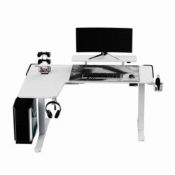 ULTRADESK Biurko dla gracza WINGER - biały, 111x155x60 cm, 75-122 cm, elektycznie regulowany, podświetlenie RGB, uchwyt na słuch