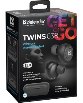 DEFENDER SŁUCHAWKI BEZPRZEWODOWE Z MIKROFONEM "TWS" TWINS 638 CZARNE 63638
