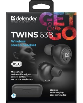 DEFENDER SŁUCHAWKI BEZPRZEWODOWE Z MIKROFONEM "TWS" TWINS 638 CZARNE 63638