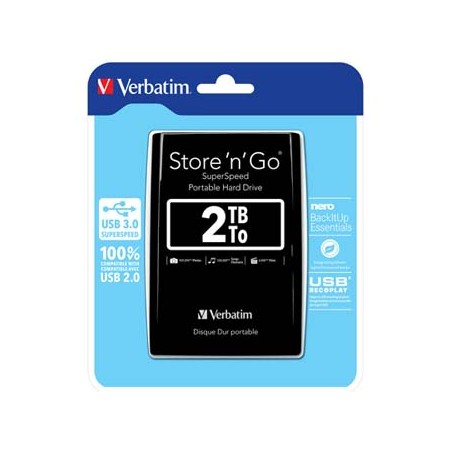 Verbatim zewnętrzny dysk twardy, Store N Go, 2.5", USB 3.0 (3.2 Gen 1), 2TB, 2000GB, 53177, czarny