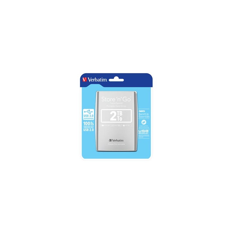 Verbatim zewnętrzny dysk twardy, Store N Go, 2.5", USB 3.0 (3.2 Gen 1), 2TB, 2000GB, 53189, srebrny