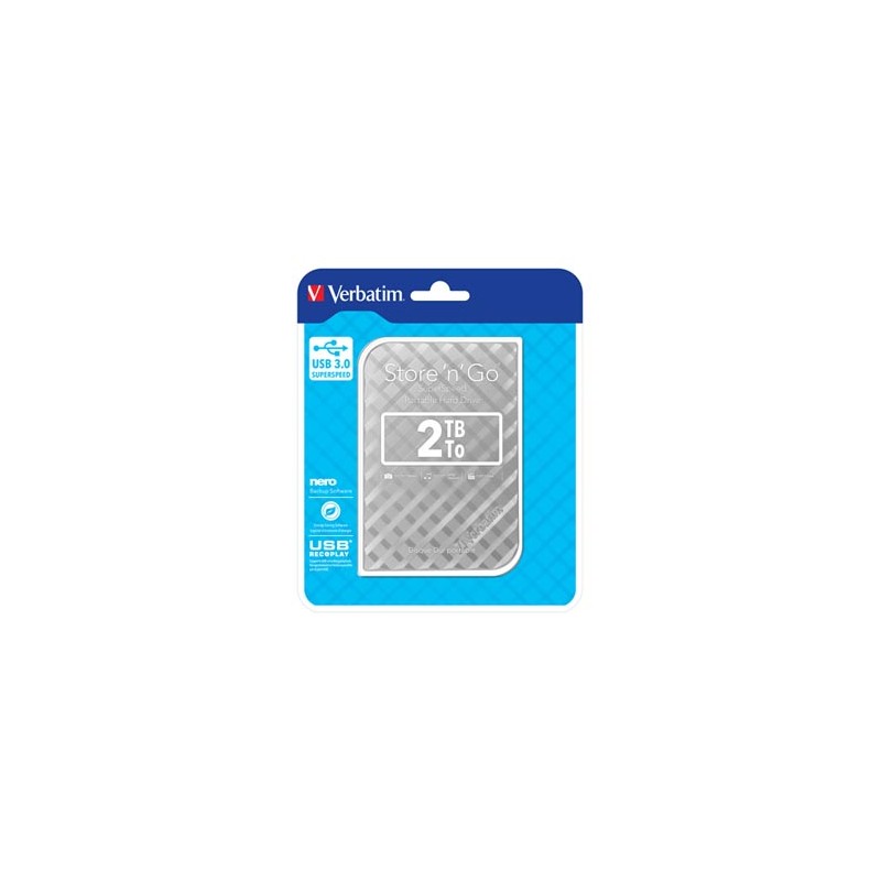 Verbatim zewnętrzny dysk twardy, Store N Go, 2.5", USB 3.0 (3.2 Gen 1), 2TB, 2000GB, 53198, srebrny