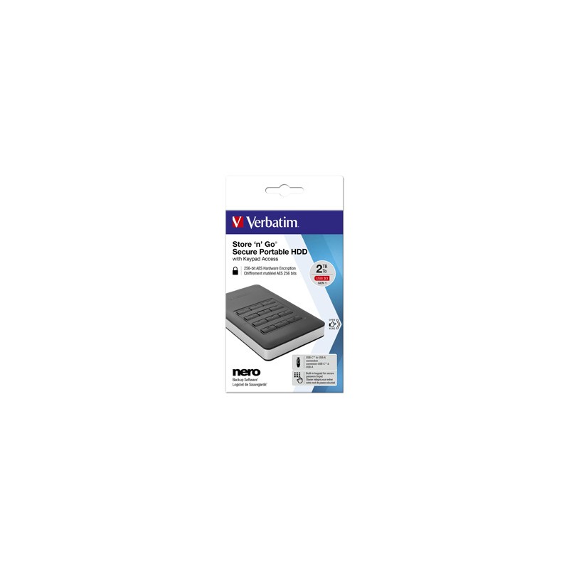 Verbatim zewnętrzny dysk twardy, Store N Go Secure Portable, 2.5", USB 3.0 (3.2 Gen 1), 2TB, 2000GB, 53403, czarny, szyfrowany, 