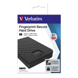 Verbatim zewnętrzny dysk twardy, Fingerprint Secure HDD, 2.5", USB 3.0 (3.2 Gen1), 2TB, 2000GB, 53651, czarny, 256-bit AES