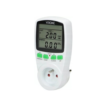 Miernik zużycia energii, max.3680W, biały, Virone, Wyświetlacz LCD, 2 taryfy pomiarowe, 4 rodz. walut