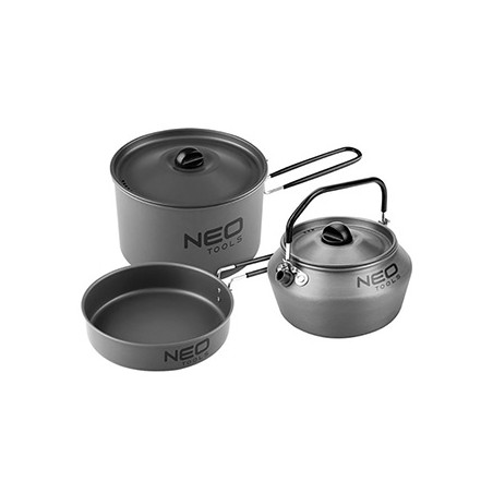 Naczynia turystyczne 3 w 1 szara, aluminium, 63-145, garnek, patelnia, czajnik, Neo Tools