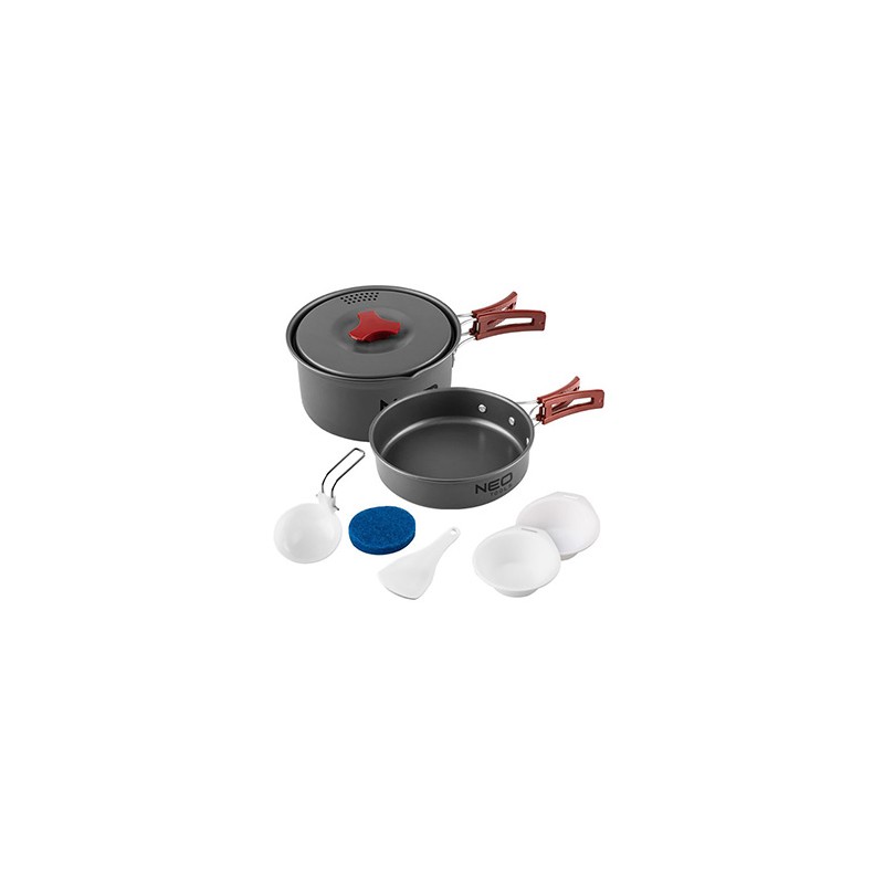 Naczynia turystyczne 7 w 1 Turystyka, szara, aluminium, garnek, patelnia, 2x talerze, chochla, łopatka,, Neo Tools