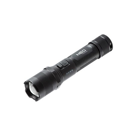 Latarka akumulatorowa, 1xLED, 1x2200 mAh, aluminium, czarna, IPX4, funkcja zoom