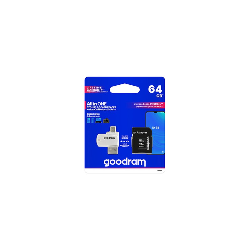 Goodram Karta pamięci Micro Secure Digital Card All-In-ON, 64GB, multipack, M1A4-0640R12, UHS-I U1 (Class 10), ALL in One z czyt