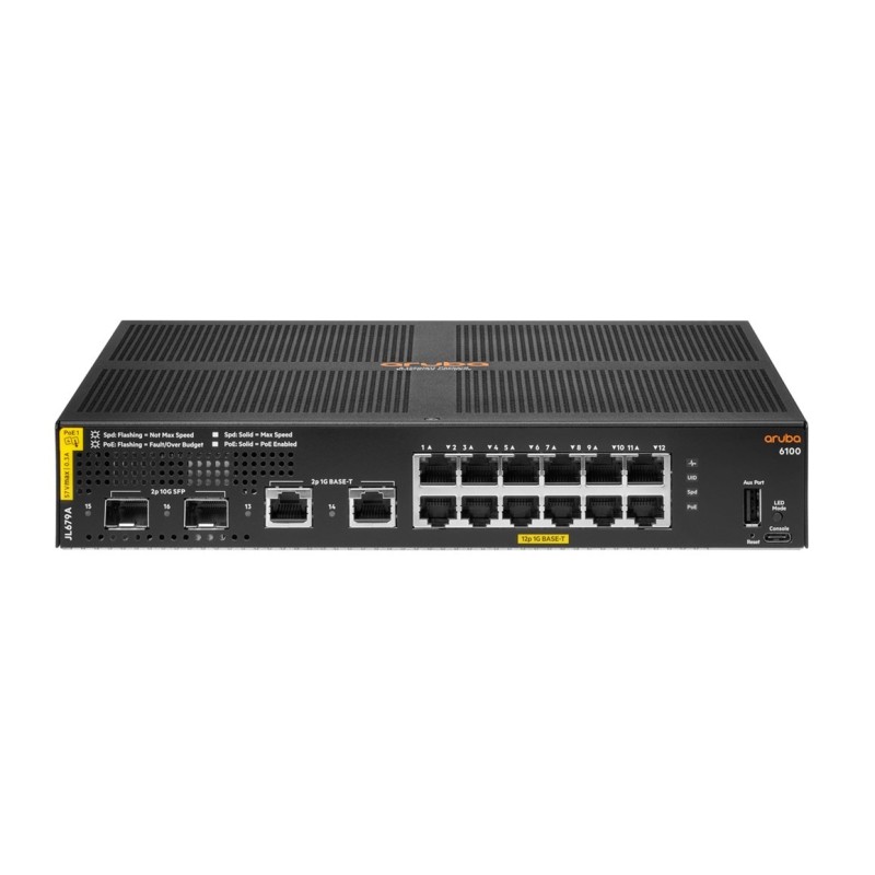 Aruba 6100 12G Class4 PoE 2G/2SFP+ 139W Zarządzany L3 Gigabit Ethernet (10/100/1000) Obsługa PoE 1U Czarny