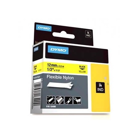 Dymo oryginalny taśma do drukarek etykiet, Dymo, 18490, czarny druk/żółty podkład, 3.5m, 12mm, Elastyczny nylon do produktów RHI