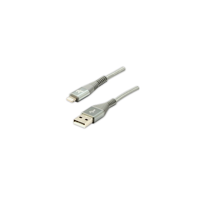 Logo USB kabel (2.0), USB A M - Apple Lightning M, 2m, certyfikat MFi, srebrny, box, oplot nylonowy, aluminiowa osłona złącza, E