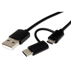 USB kabel (2.0), USB A M - microUSB (M) + USB C (M), 1m, okrągły, czarny, plastic bag, z redukcją do USB C, EOL