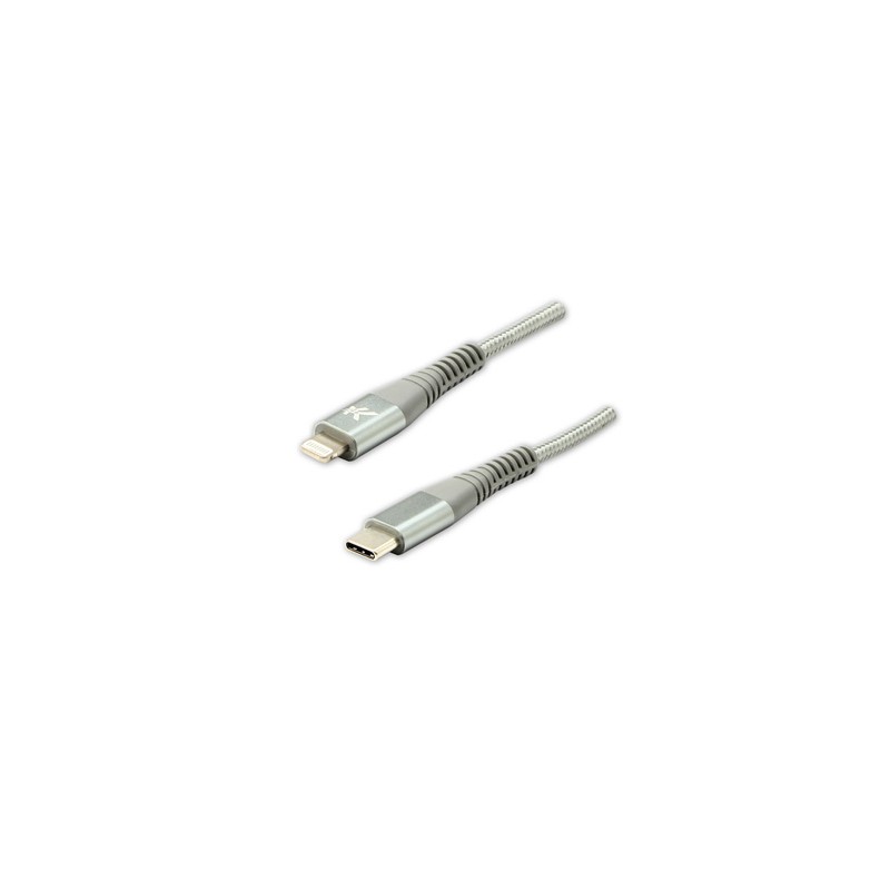 Logo USB kabel (2.0), USB C (M) - Apple Lightning M, 2m, certyfikat MFi, srebrny, box, oplot nylonowy, aluminiowa osłona złącza,
