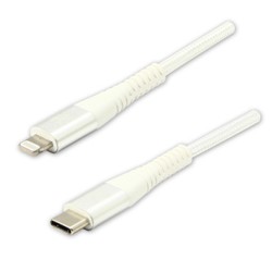 Logo USB kabel (2.0), USB C (M) - Apple Lightning M, 2m, certyfikat MFi, biały, box, oplot nylonowy, aluminiowa osłona złącza, E