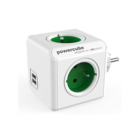 Listwa zasilająca 240V, CEE7 (widelec) - POWERCUBE, 0.1m, ORIGINAL USB, zielona, POWERCUBE, 4 gniazdka + 2 porty USB
