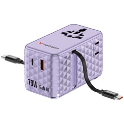 Verbatim, Adapter podróżny Charge ,n, Travel GaN III 1x USB-C, 1X USB-A + 2x zintegrowane kable USB-C, fioletowy, 70 W