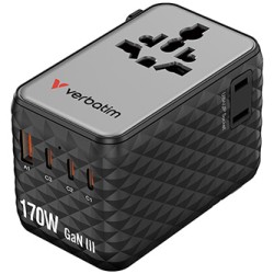 Verbatim, Adapter podróżny Charge ,n, Travel GaN III 2x USB-C, 2X USB-A + 1x zintegrowany kabel USB-C, czarna, 170 W
