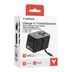 Verbatim, Adapter podróżny Charge ,n, Travel GaN III 2x USB-C, 2X USB-A + 1x zintegrowany kabel USB-C, czarna, 100 W