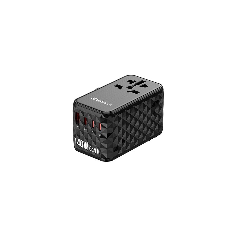 Verbatim, Uniwersalny adapter podróżny 2x USB-C PD i QC 4+, 1x USB-C PD 3.0, 1x USB-A QC, czarny, 140 W