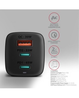 AXAGON ACU-DPQ65 Ładowarka sieciowa, GaN 65W, 3x port (USB-A + dual USB-C), PD3.0/QC4+/PPS/Apple