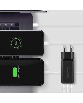 AXAGON ACU-DPQ65 Ładowarka sieciowa, GaN 65W, 3x port (USB-A + dual USB-C), PD3.0/QC4+/PPS/Apple