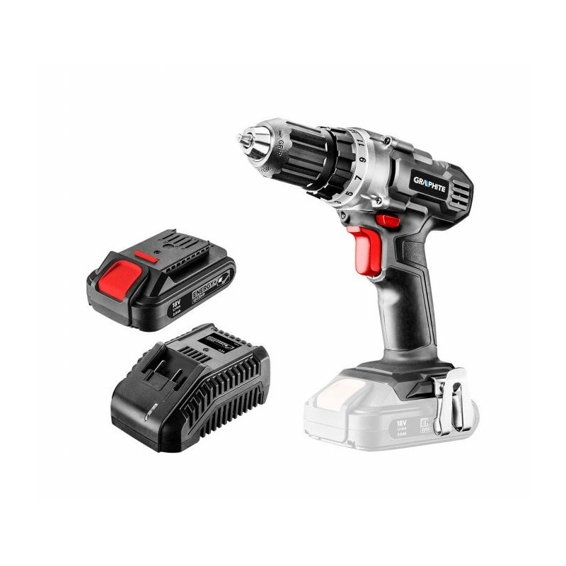 Wiertarko-wkrętarka akumulatorowa Energy+ 18V, Li-Ion, aku 2Ah, ład, karton, 58G000-SET1 Graphite