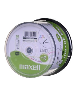 MAXELL Płyta DVD+R 4,7GB, 50 szt. w opakowaniu cake (szpindel). Prędkość zapisu 16X, 120 min. Płyty do nadruku atramentowego.