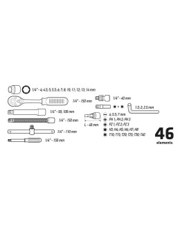 Klucze nasadowe Topex 1/4" zestaw 46 sztuk