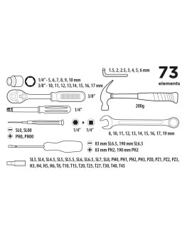 Zestaw narzędziowy Top Tools 1/4", 3/8", 73 sztuki